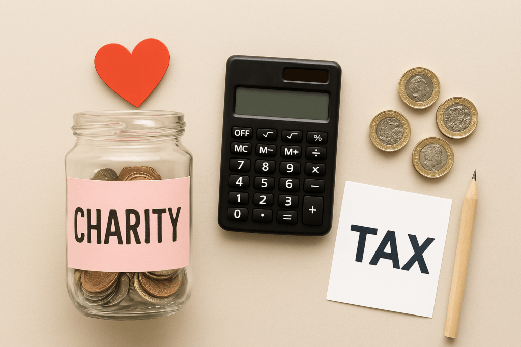 charitable donations, glass jar, calculator, tax return